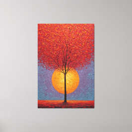 Vuurrode Boom met Gouden Zon Textuur Abstract Canvas Afdruk