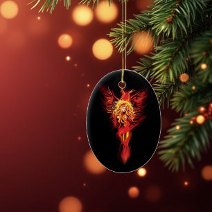 Vuurrode Fantasie Phoenix Vrouw Zwart Keramisch Ornament