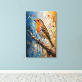Vuurrode Roodborst Impasto Canvasprint Canvas Afdruk (Insitu (Houten vloer))