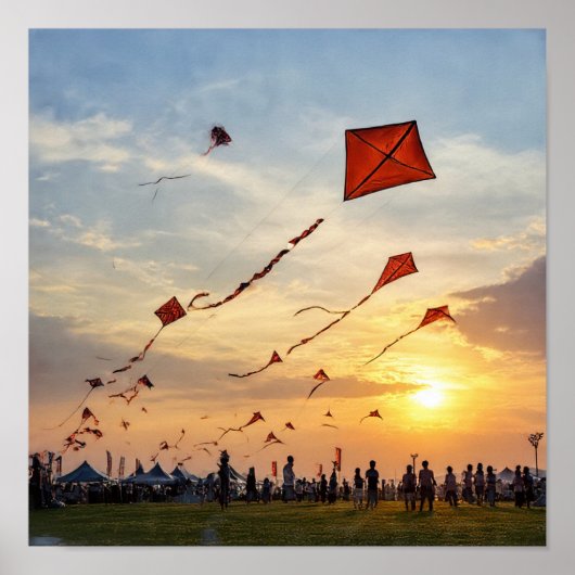 Vuurrode Zonsondergang Vliegers - Festival Silhoue Poster (Voorkant)
