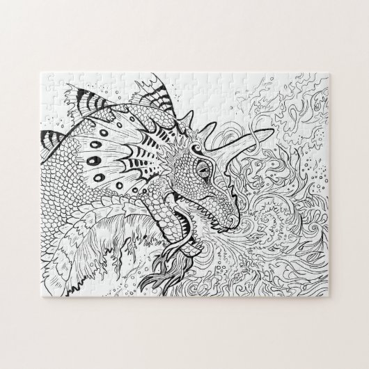 Vuurspitter Dragon Lineart Kleur uw eigen Legpuzzel (Horizontaal)
