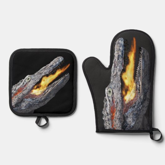 Vuurspuwende alligator ovenwant & pannenlap set (Voorkant)