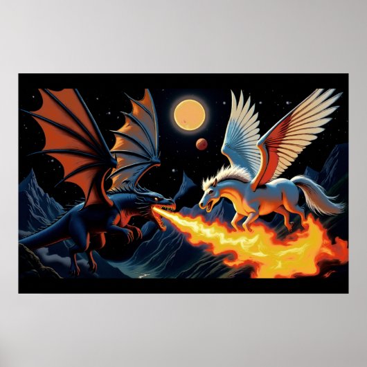 Vuurspuwende Draak en Pegasus Poster (Voorkant)
