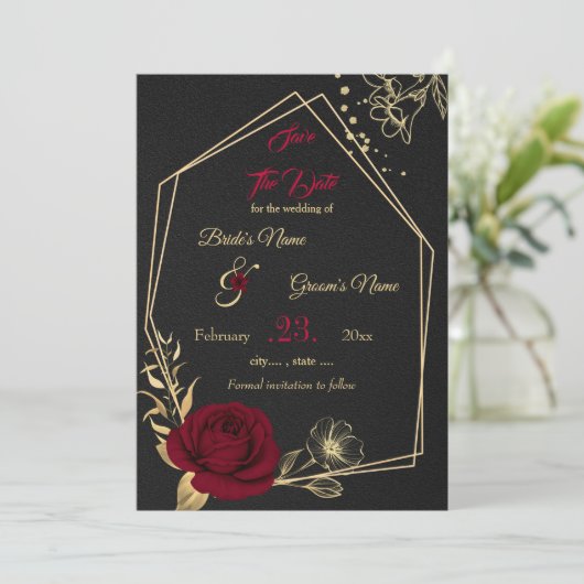 vuursteentje en goudbloem zwarte geometrie save the date (Staand voorkant)