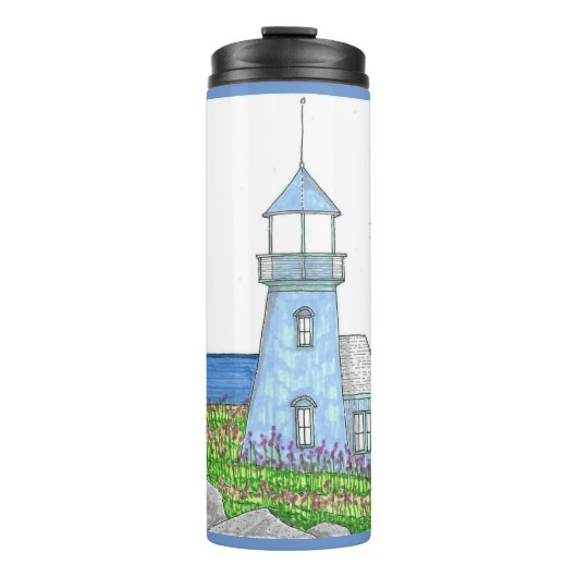 Vuurtoren 10; Thermische Tumbler; Grijs Blauw Thermosbeker (Voorkant)