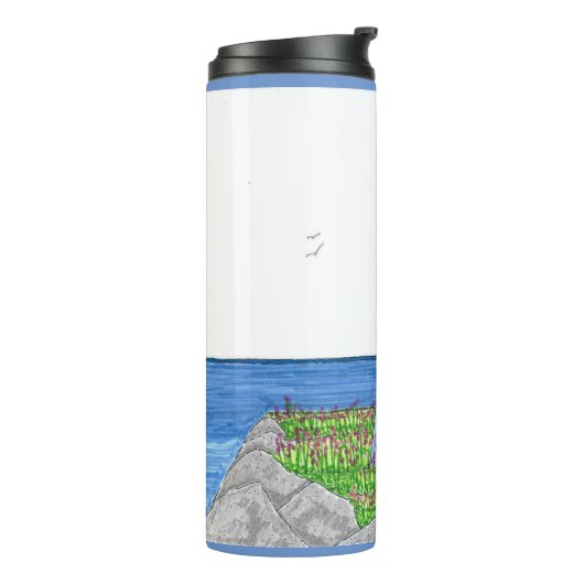 Vuurtoren 10; Thermische Tumbler; Grijs Blauw Thermosbeker (Gedraaid links)