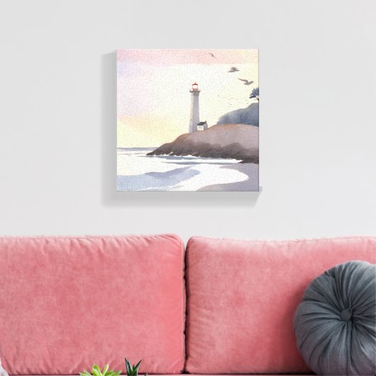 vuurtoren aan de kust | Strand Waterverf schilderi Canvas Afdruk (Insitu (Woonkamer))