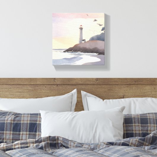 vuurtoren aan de kust | Strand Waterverf schilderi Canvas Afdruk (Insitu (Slaapkamer))