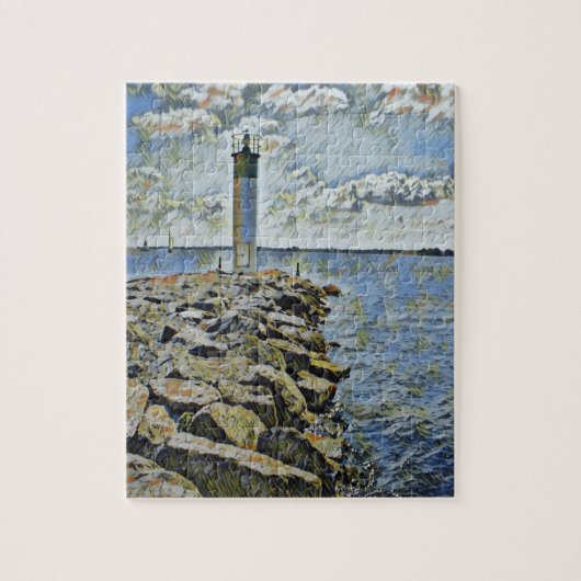 Vuurtoren aan de kust van het meer legpuzzel (Verticaal)