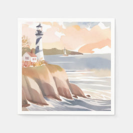 Vuurtoren aan de kust | Watercolor Oceaan Servet