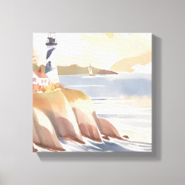 Vuurtoren aan de kust | Waterverf Oceaan Canvas Afdruk