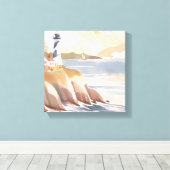 Vuurtoren aan de kust | Waterverf Oceaan Canvas Afdruk (Insitu (Houten vloer))