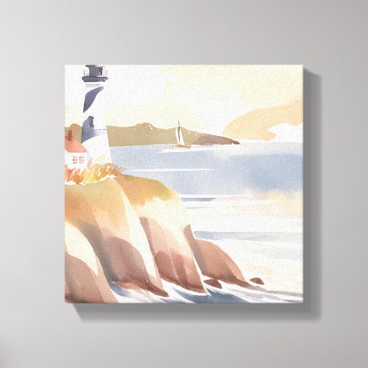 Vuurtoren aan de kust | Waterverf Oceaan Canvas Afdruk (Voorkant)