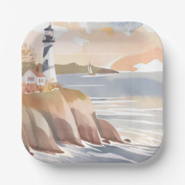 Vuurtoren aan de kust | Waterverf Oceaan Papieren Bordje