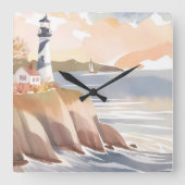 Vuurtoren aan de kust | Waterverf Oceaan Vierkante Klok (Voorkant)