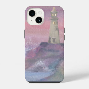 Vuurtoren aan de kustklif met roze lucht iPhone 14 hoesje