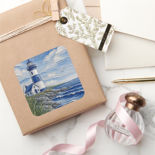 Vuurtoren aan de zee  vierkante sticker (Geschenken)