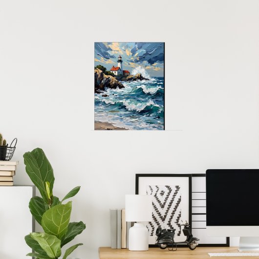 Vuurtoren aan een stormachtige kust poster (Thuiskantoor)