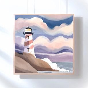 Vuurtoren aan zee Aquarel Oceaanschildering Perfect Poster