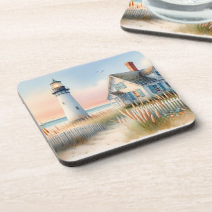 Vuurtoren aan zee en huisje aquarel scène bier onderzetter