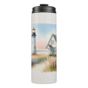 Vuurtoren aan zee en huisje aquarel scène thermosbeker