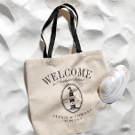 vuurtoren - Aangepast zwart thema - Welkom Tote Bag<br><div class="desc">Een unieke set aangepaste canvas tassen die is afgestemd op uw strandstijl of doelbruiloft. Het bevat een welkome tekst gevolgd door de naam van de locatie of de persoon die de tas ontvangt. Onder dit is een -Stijl Vuurtoren in zwart. Alle elementen van het ontwerp zijn aanpasbaar door de aanpassingsfunctie...</div>