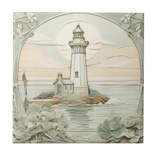 Vuurtoren Art Nouveau Faux Relief Pastel Mint Tegeltje (Voorkant)