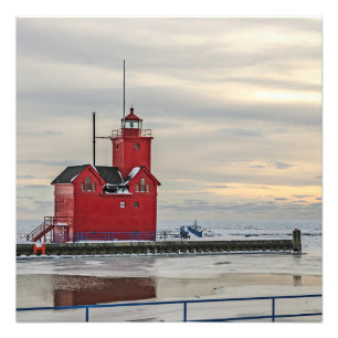 Vuurtoren bekend als Big Red in Michigan Foto Afdruk
