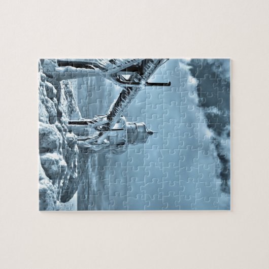 vuurtoren, bevroren in de winter legpuzzel (Horizontaal)