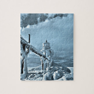 vuurtoren, bevroren in de winter legpuzzel