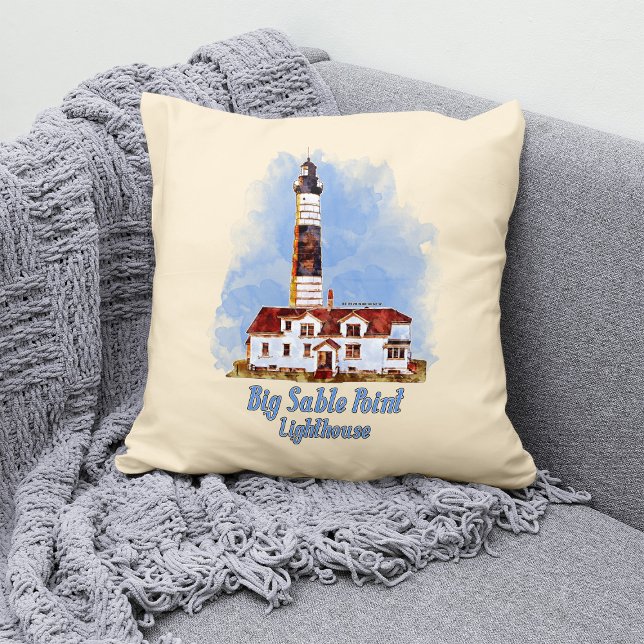 Vuurtoren Big Sable Point Aquarel - Michigan Kussen (Big Sable Point Lighthouse Watercolor - Michigan. Throw Pillow)