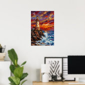 Vuurtoren bij dramatische zonsondergang poster (Thuiskantoor)