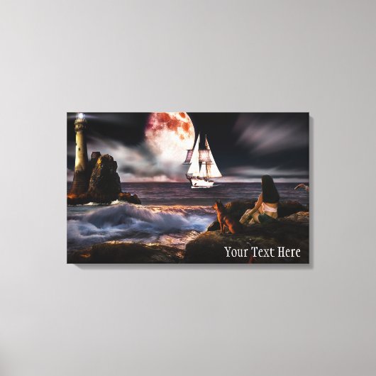 Vuurtoren bij nacht met Giant Moon Canvas Print (Voorkant)