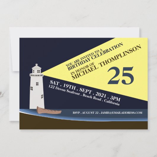 Vuurtoren bij nacht, strand verjaardagsfeest kaart (Voorkant)