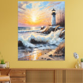 Vuurtoren bij zonsondergang – Kustimpressie Canvas Afdruk (Insitu (Woonkamer))