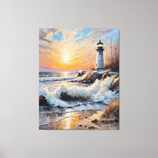 Vuurtoren bij zonsondergang – Kustimpressie Canvas Afdruk (Voorkant)