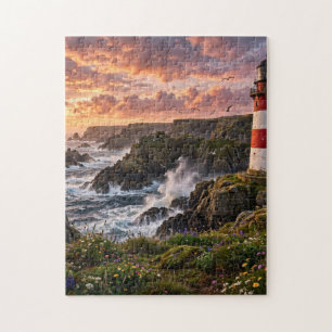 Vuurtoren bij zonsondergang legpuzzel