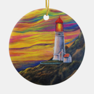 Vuurtoren bij zonsondergang met zeilboot oceaan na keramisch ornament