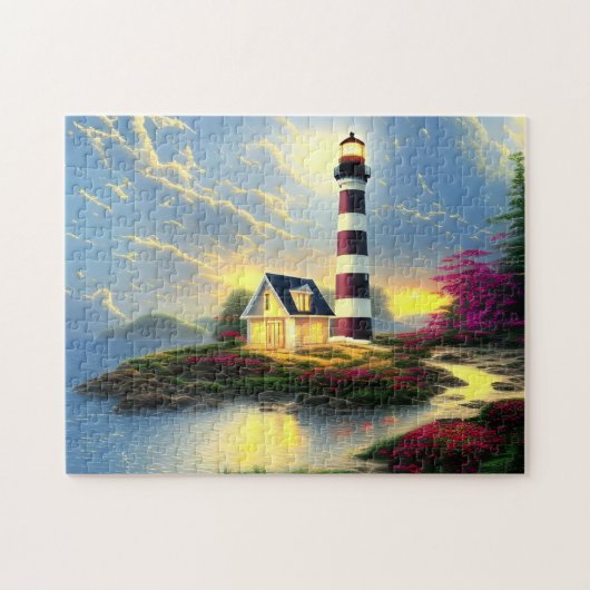 Vuurtoren bij zonsondergang Mooi strandlandschap Legpuzzel (Horizontaal)