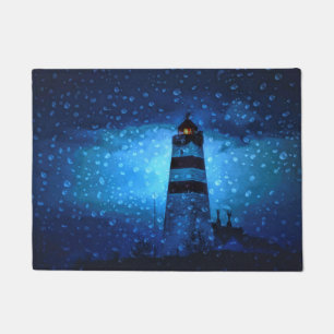 Vuurtoren blauw op een regenachtige donkere nacht deurmat