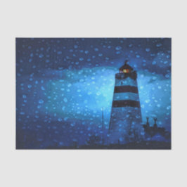 Vuurtoren blauw op een regenachtige donkere nacht  tissuepapier