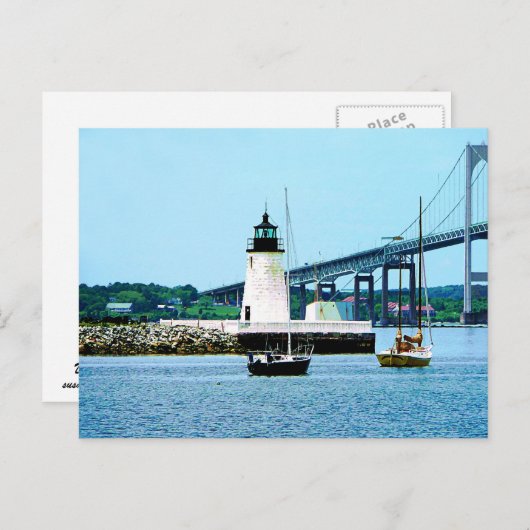 Vuurtoren, brug en boten, Newport, RI Briefkaart (Voorkant / Achterkant)