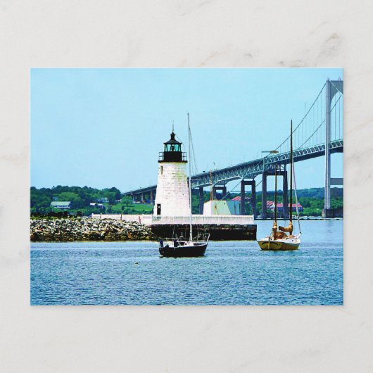 Vuurtoren, brug en boten, Newport, RI Briefkaart (Voorkant)