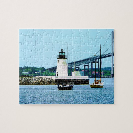Vuurtoren, brug en boten, Newport, RI Legpuzzel (Horizontaal)