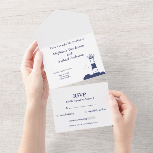 Vuurtoren bruiloft RSVP All In One Uitnodiging (Afscheurbaar)