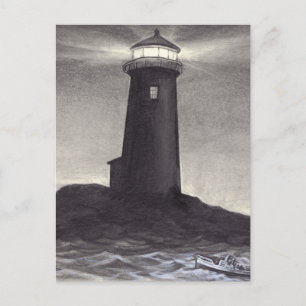 Vuurtoren die bij nacht het is navigatielicht de briefkaart