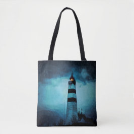vuurtoren donkerblauw regenachtig nacht nautisch tote bag