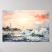 Vuurtoren Dromen: Kust Waterverf Schilderen Poster (Voorkant)