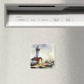 Vuurtoren en boten van Maine Waterverf Art Magneet (Insitu (Vaatwasser))