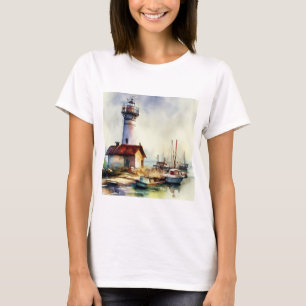 Vuurtoren en boten van Maine Waterverf Art T-shirt
